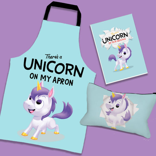 Unicorn Apron + Notebook + Pencil Case Bundle